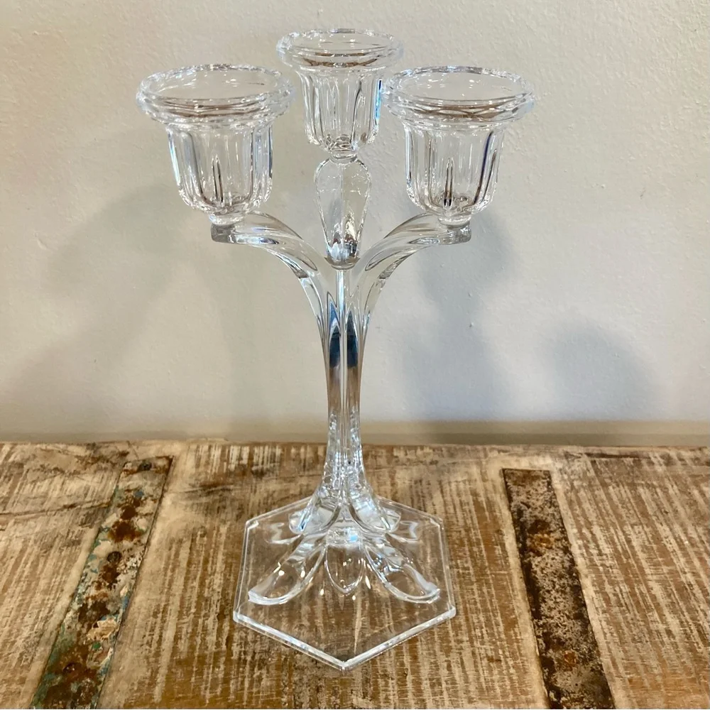 Crystal Candle Holder Candelabra 3-Light Candlestick Holder 10 3/4” Tall Clear